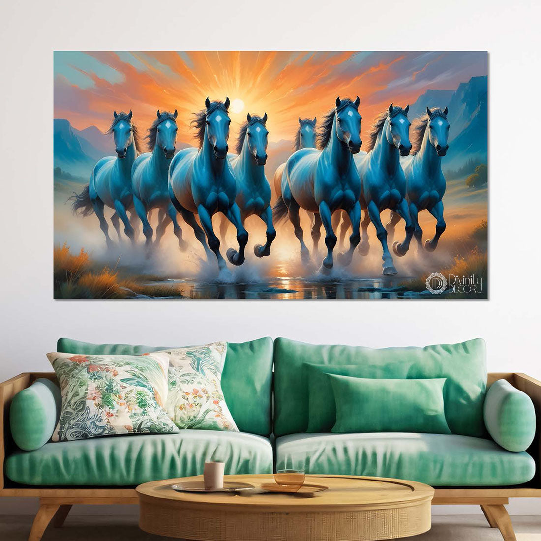 Grey running horses with sunrise and aqua blue textured background art Canvas Painting - Design - Horse-62