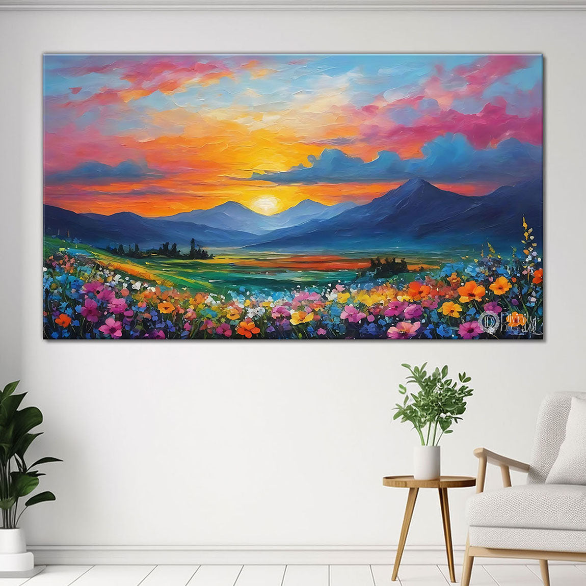 Mountains with colorful flower field in textured natural art Canvas Painting - Nature Art -62
