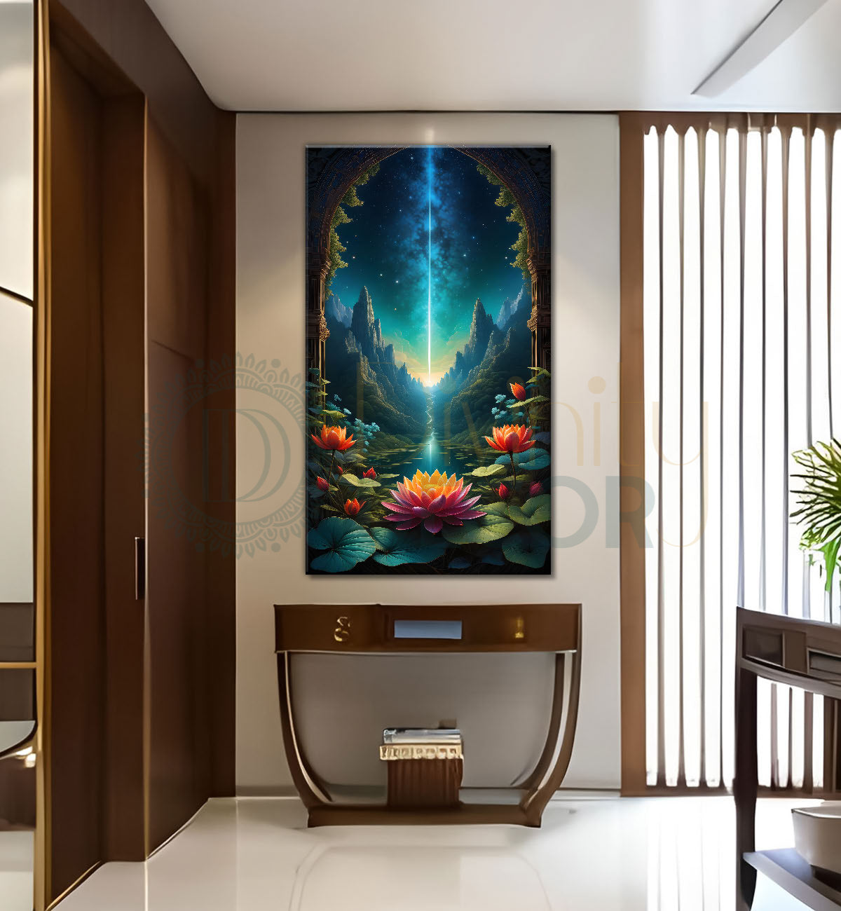 Mountains with flowers and lake in night backgroung textued painting Canvas Painting - Nature Art -V-62