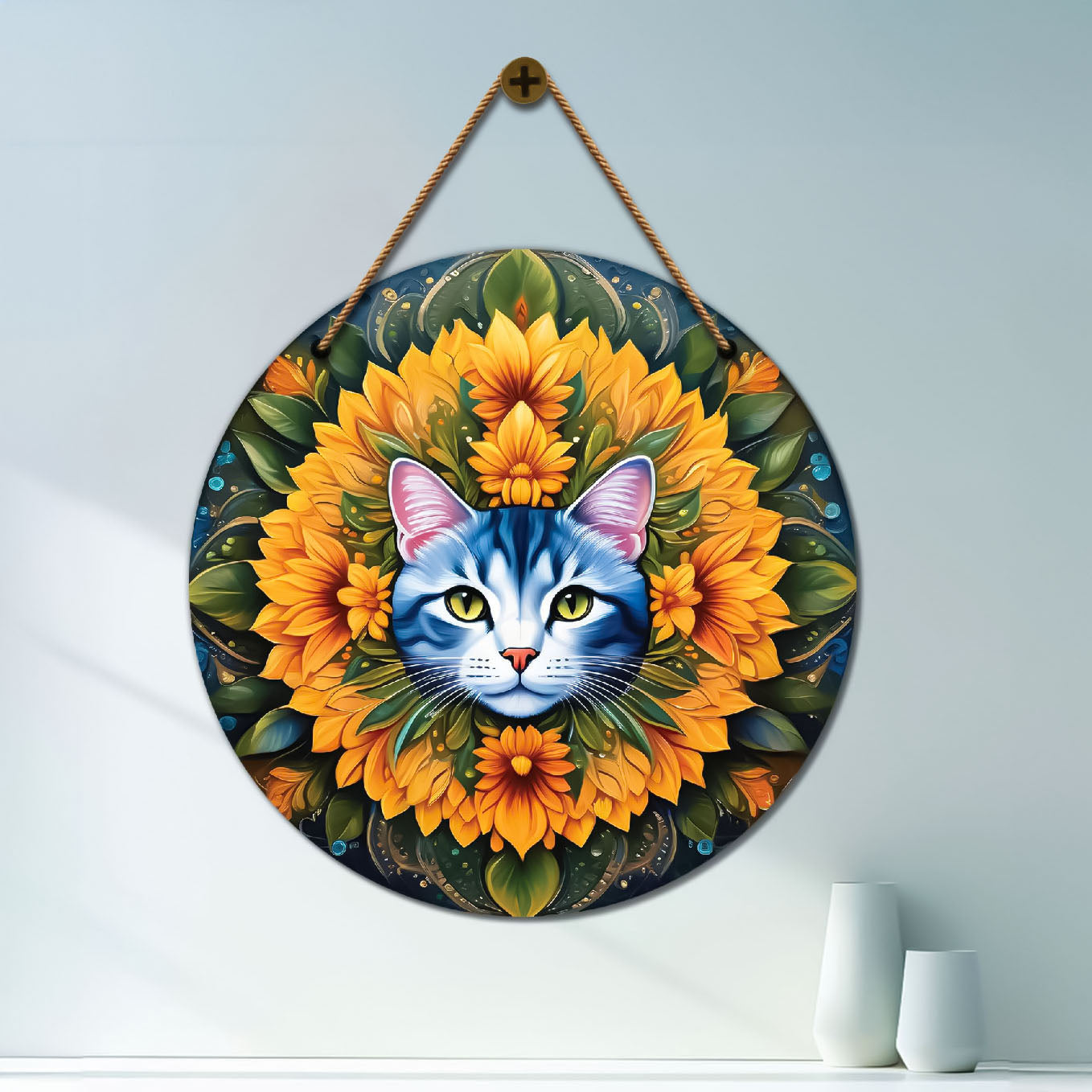 Cat in yellow and green mandala Round Wooden Wall Hanging for wall Décor - Design - 62