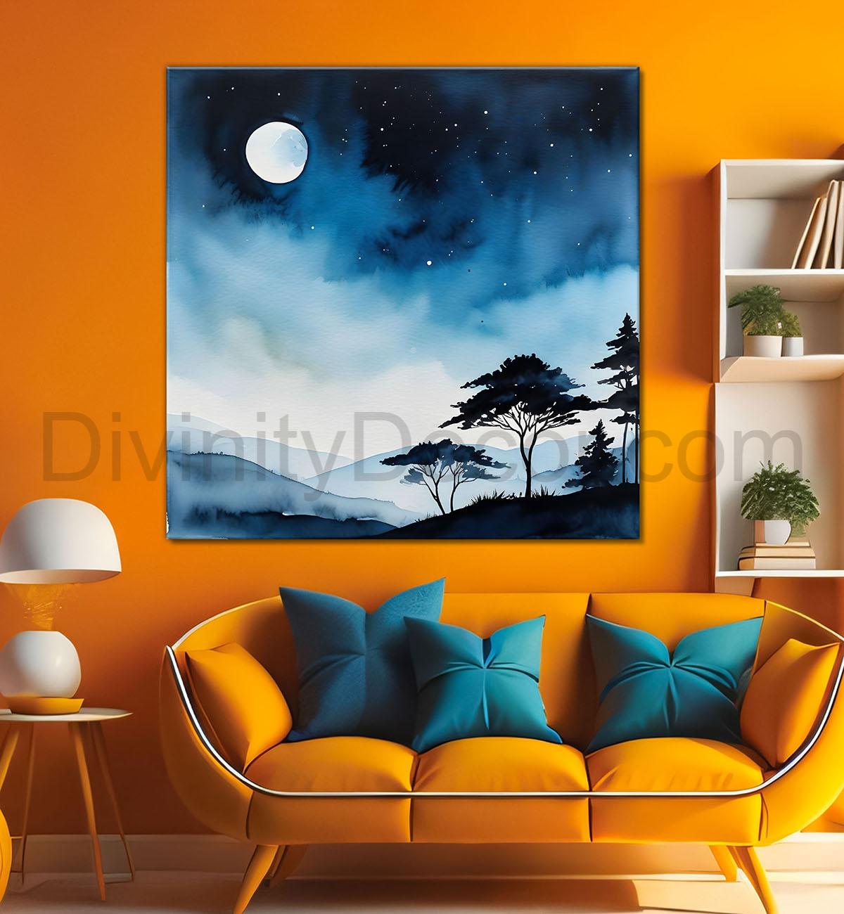 Mountains and tree with moon water colour art 24X24- Nature Art -S-63