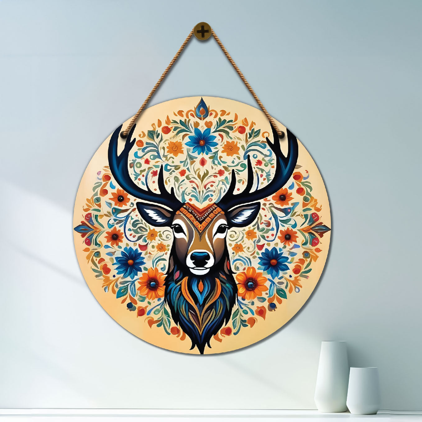 Deer in floral mandala Round Wooden Wall Hanging for wall Décor - Design - 63