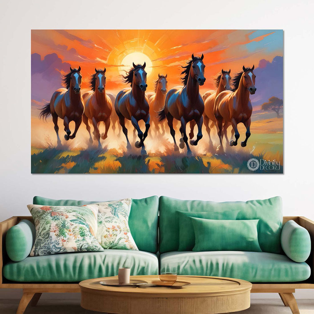 Brown running horses with sunrise textured background art Canvas Painting - Design - Horse-63