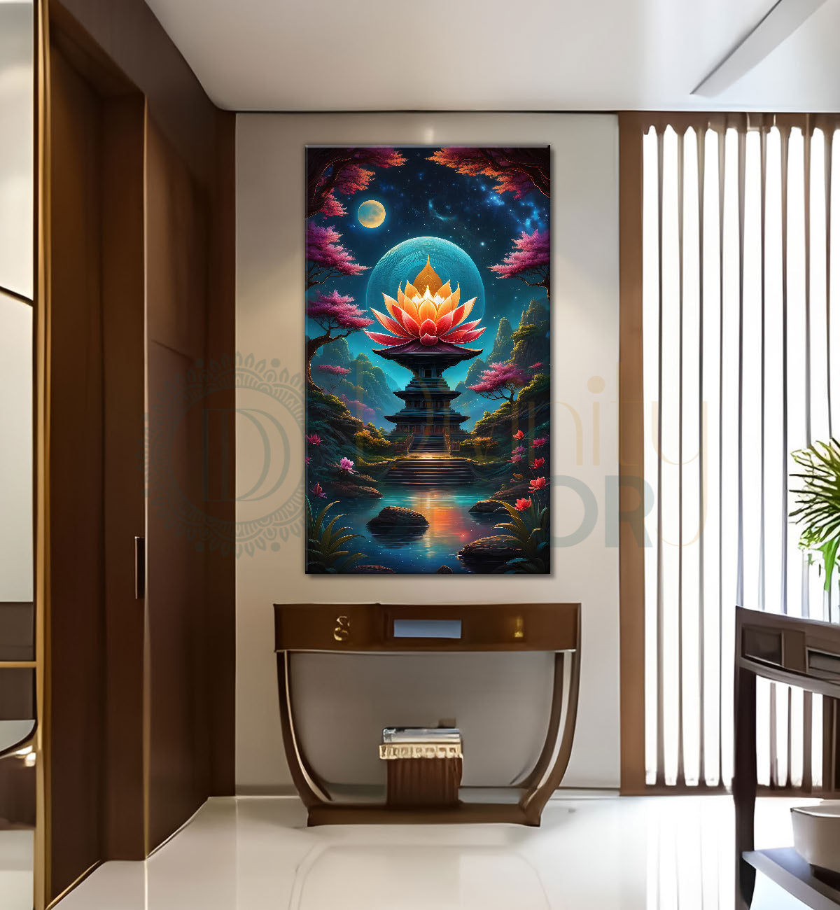 Lotus on temple with lake and colourful background textured painting Canvas Painting - Nature Art -V-63