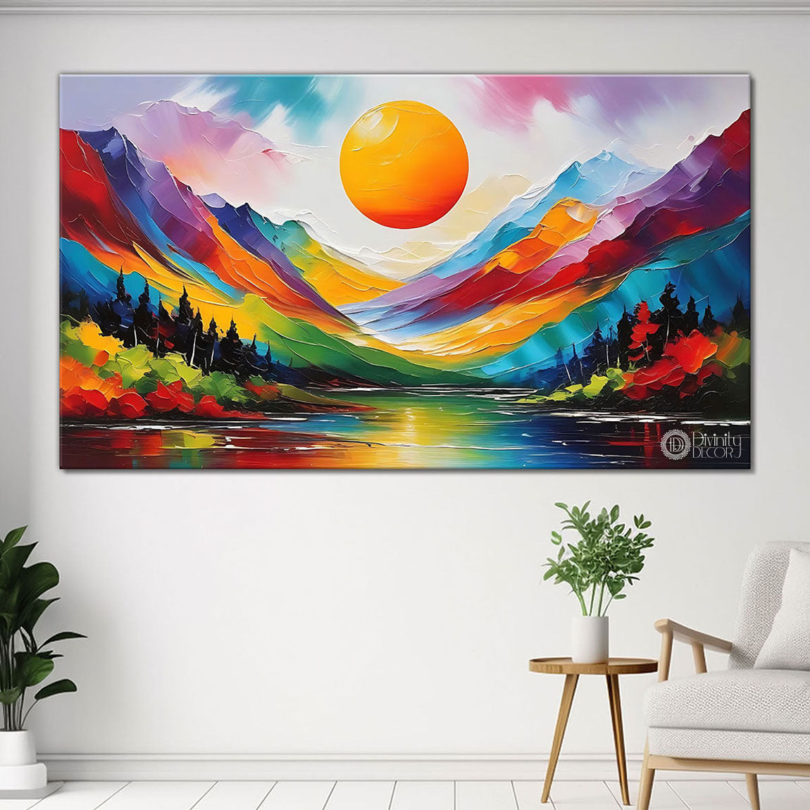 Colorful mountains with sun and lake in textured natural art Canvas Painting - Nature Art -63
