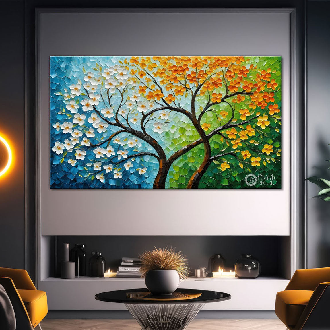White flower tree in textured background oil painting Canvas Painting - Design - Tree-63