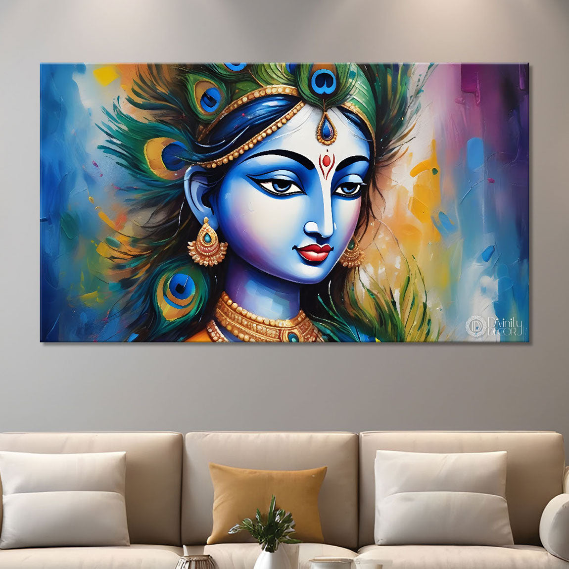 Blue face of Krishna with peacock feathers painting Canvas Painting - Design - Krishna-63