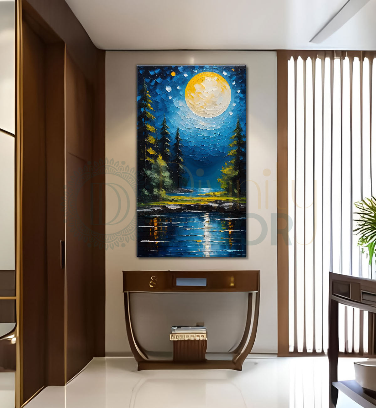 Trees with lake in night background textured oil painting Canvas Painting - Nature Art -V-64