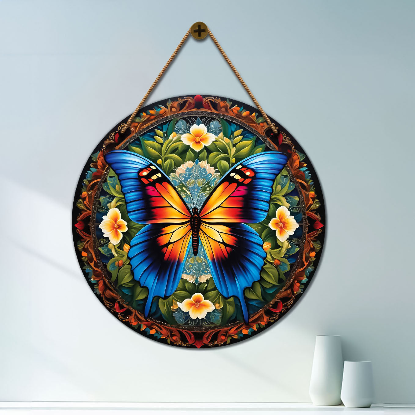 Orange butterfly in green and brown mandala Round Wooden Wall Hanging for wall Décor - Design - 64