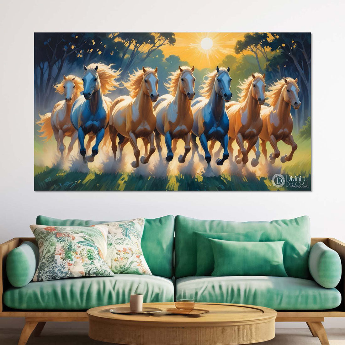 Brown running horses on the grass with trees and sun textured background art Canvas Painting - Design - Horse-64