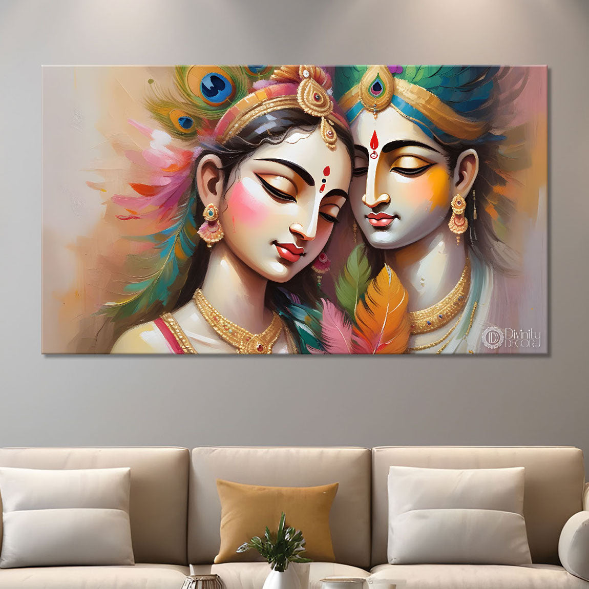 Radha and Krishna face in colorful feathers textured painting Canvas Painting - Design - Krishna-64