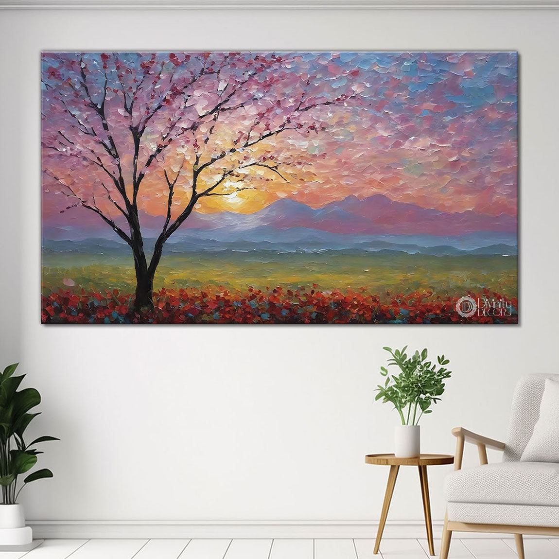 Tree with pink sky in textured natural art Canvas Painting - Nature Art -64