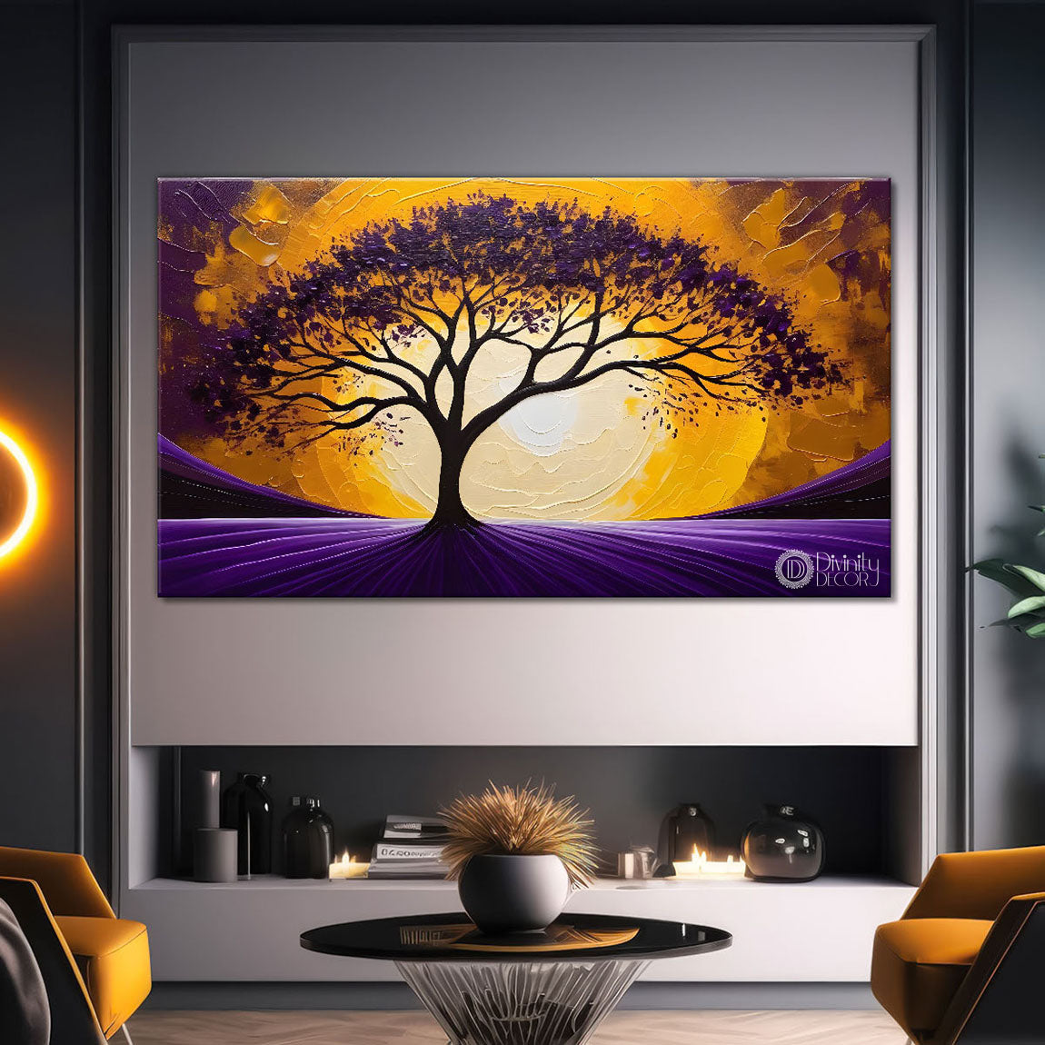 Purple tree in bright textured modern art Canvas Painting - Design - Tree-64
