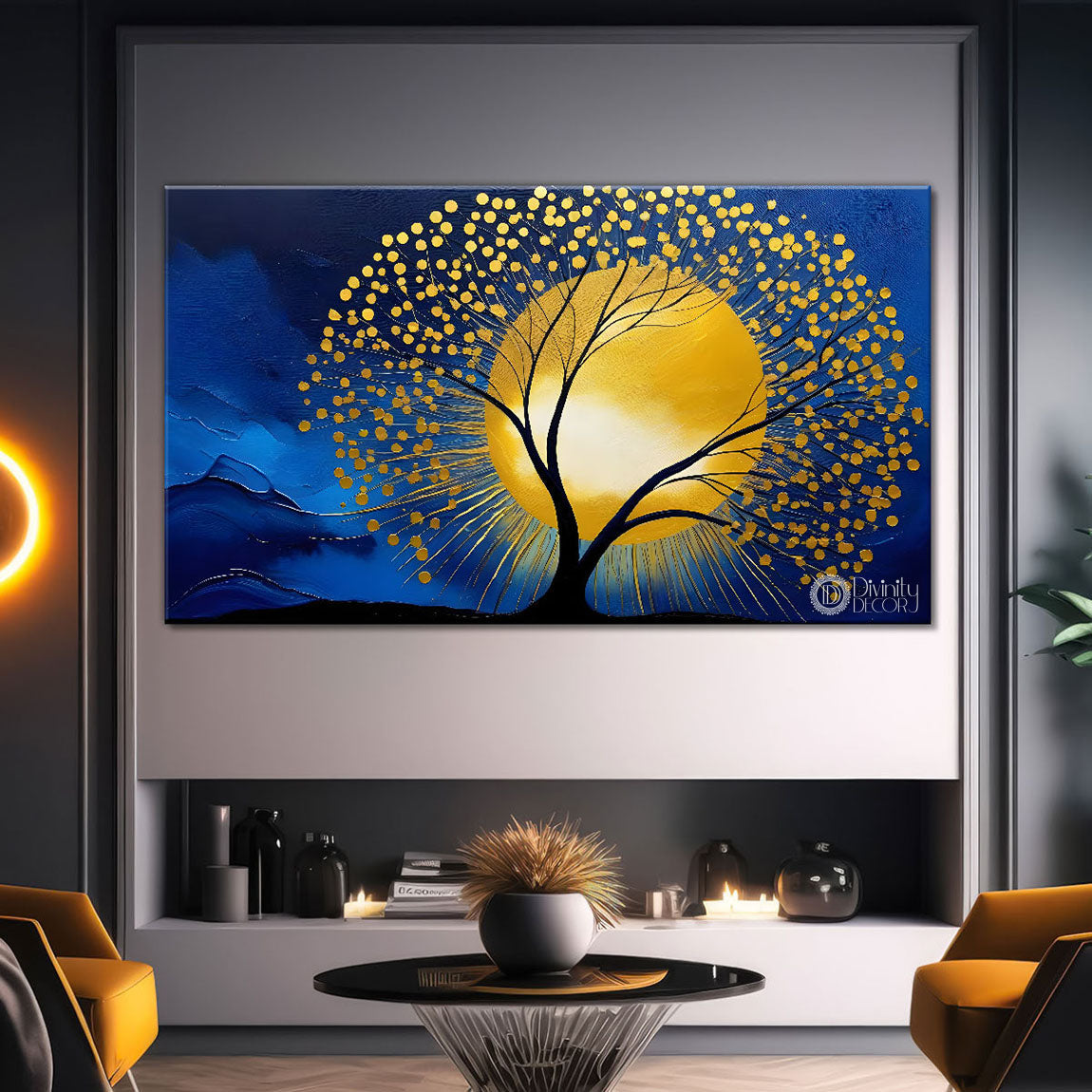 Golden tree in dark blue textured background modern art Canvas Painting - Design - Tree-65