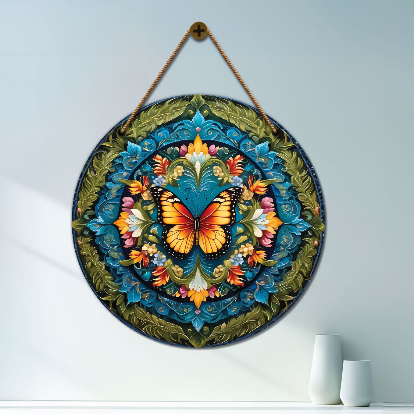Yellow butterfly in blue and green mandala Round Wooden Wall Hanging for wall Décor - Design - 65