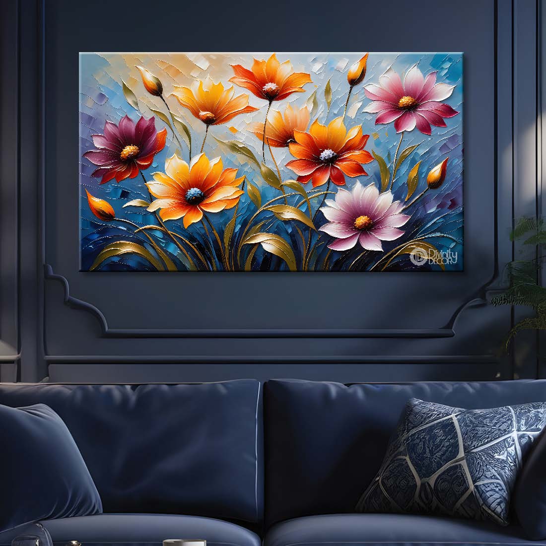 Colorful flowers with blue textured background painting- Design - Flower-65