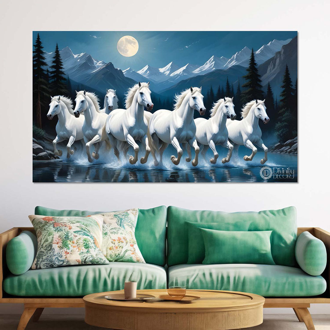 White running horses on the water with mountains and moon in blue textured background art Canvas Painting - Design - Horse-65