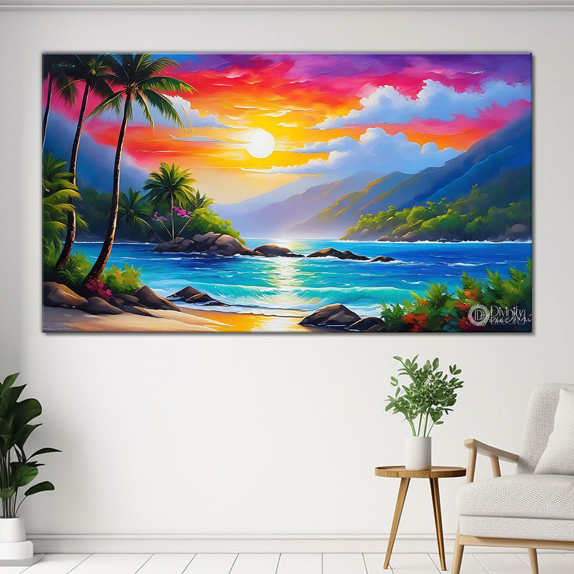 Mountains with trees and colorful sky in textured modern art Canvas Painting - Nature Art -65