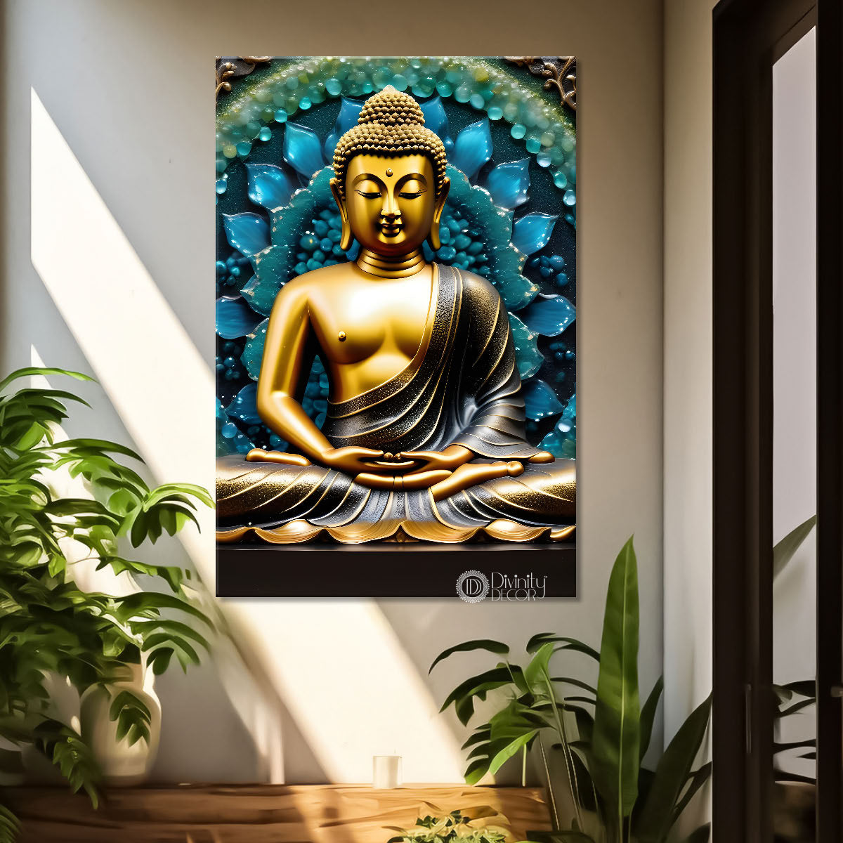 Golden buddha with blue background painting - Buddha-V-65