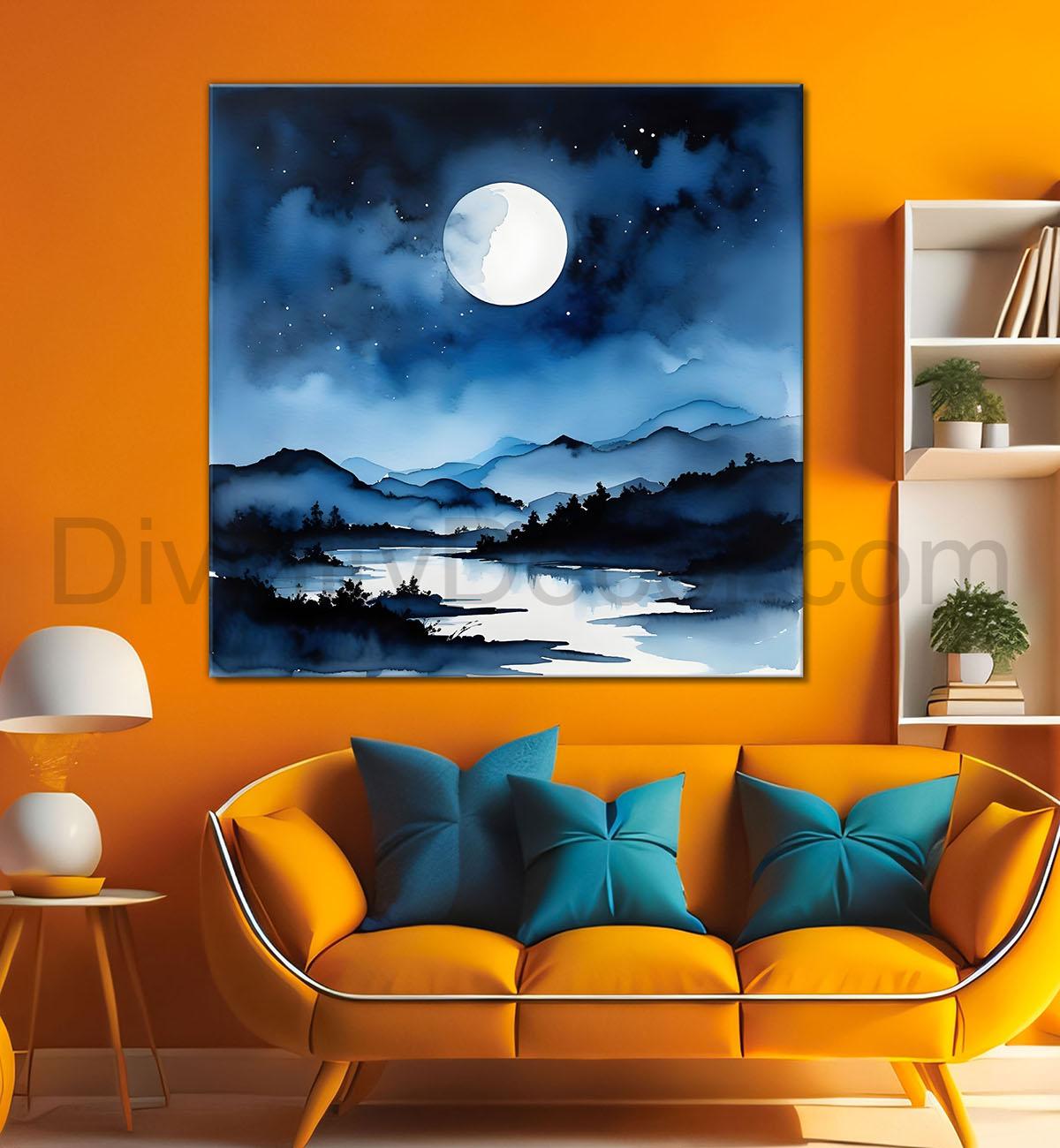 Mountains and moon and river painting 24X24- Nature Art -S-66