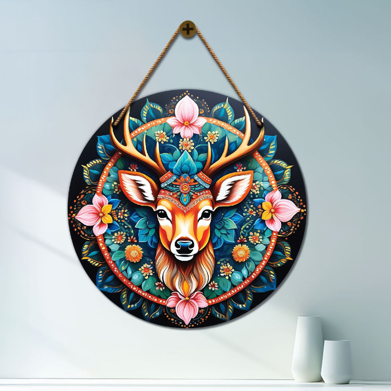 Deer in pink and green mandala Round Wooden Wall Hanging for wall Décor - Design - 66