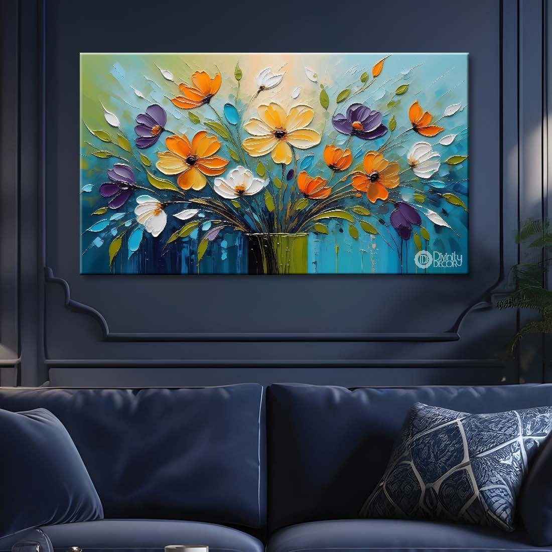 Colorful flowers with blue textured background painting- Design - Flower-66