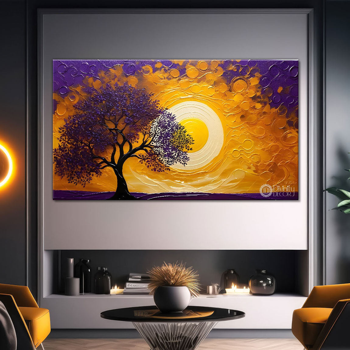 Purple tree in bright textured modern art Canvas Painting - Design - Tree-66
