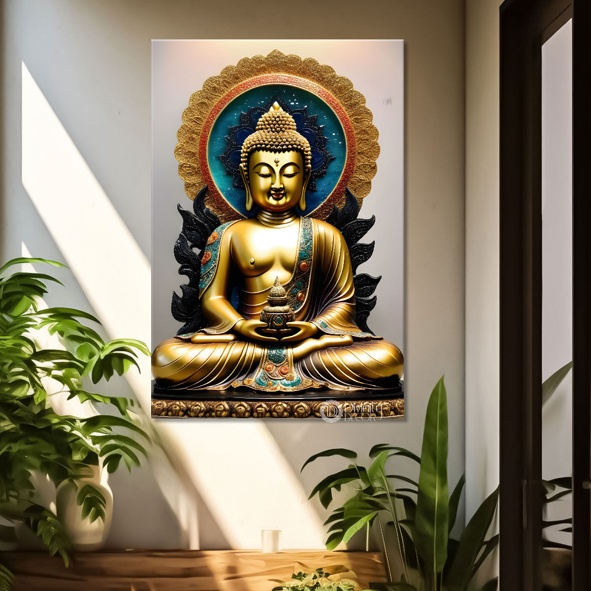 Golden buddha with blue chakra background painting - Buddha-V-66