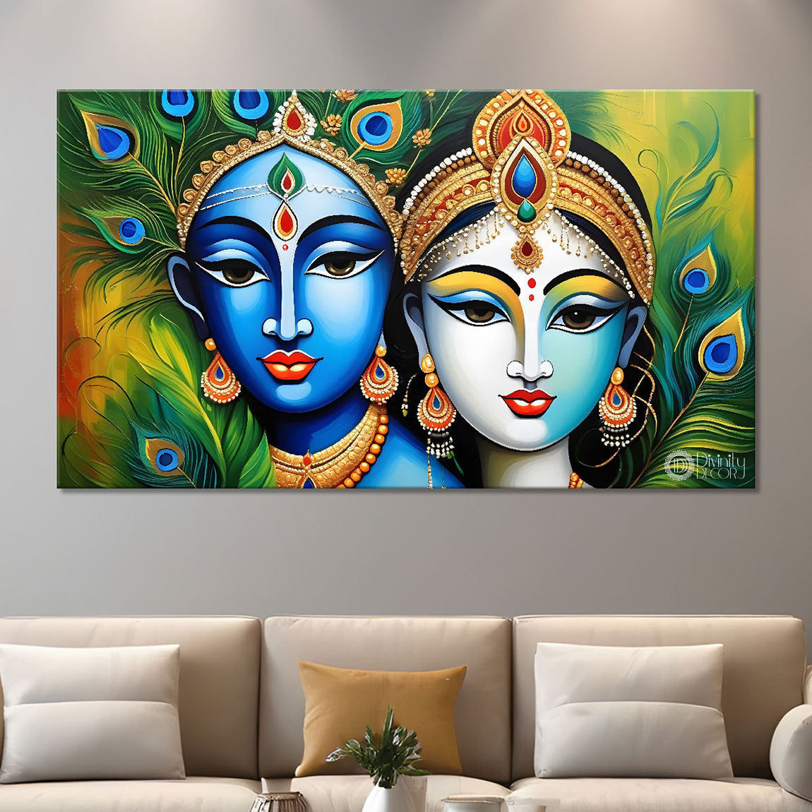 Blue face Krishna and Radha with peacock feathers painting Canvas Painting - Design - Krishna-66