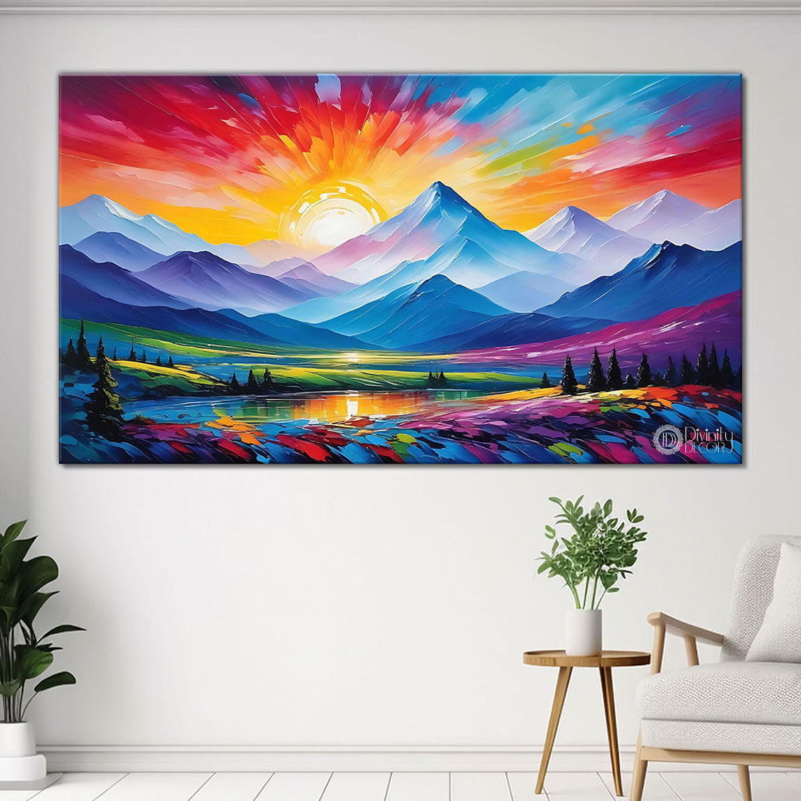 Mountains with colorful sky and flowers in textured natural art Canvas Painting - Nature Art -66