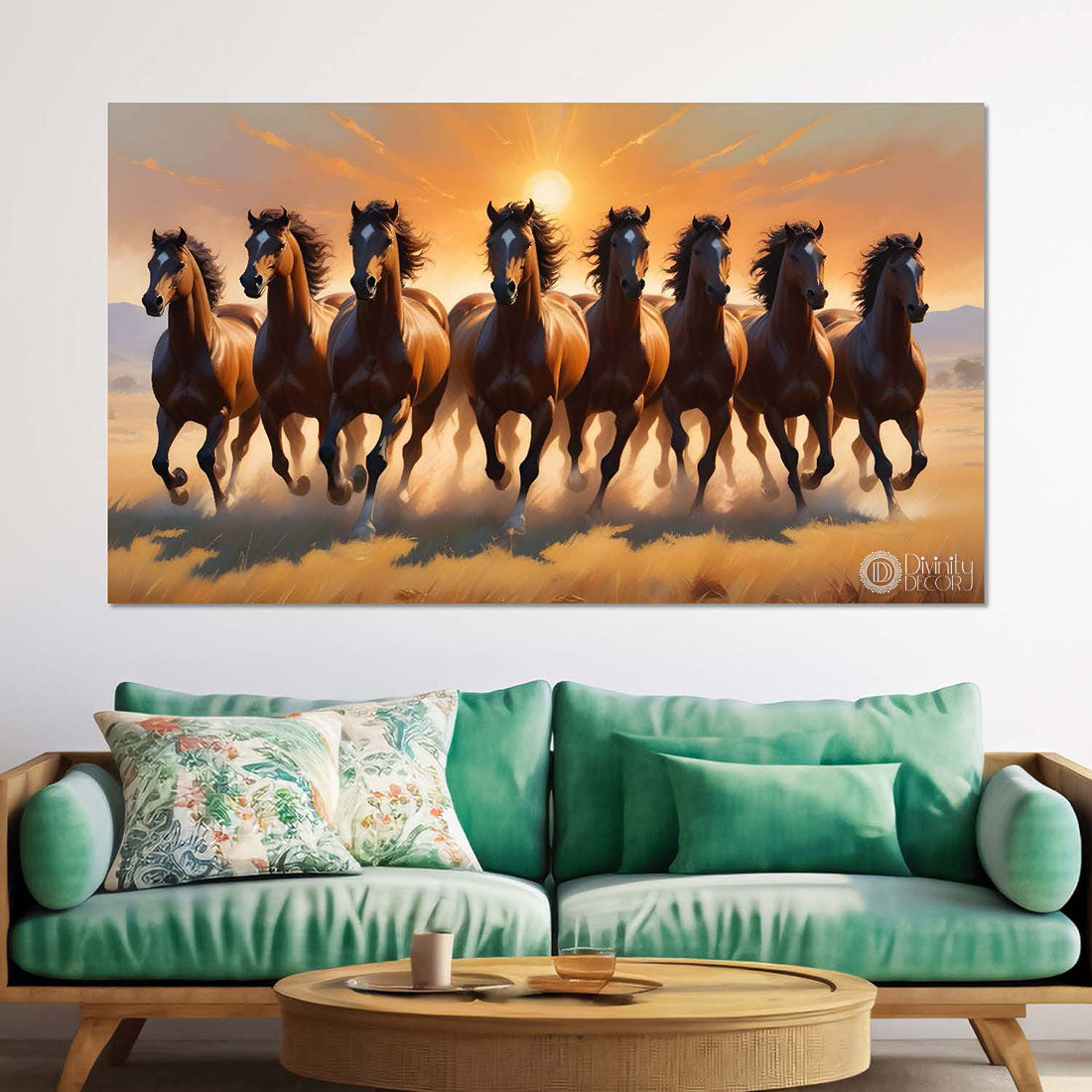 Brown running horses on the field with sunrise textured background art Canvas Painting - Design - Horse-66