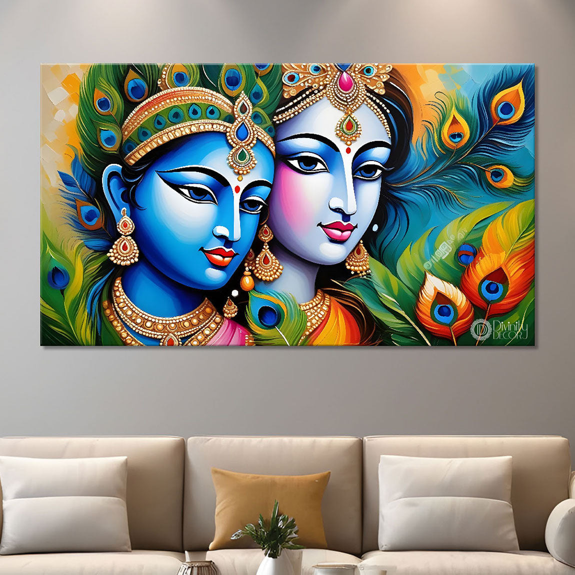 Blue face Krishna and Radha with peacock feathers painting Canvas Painting - Design - Krishna-67