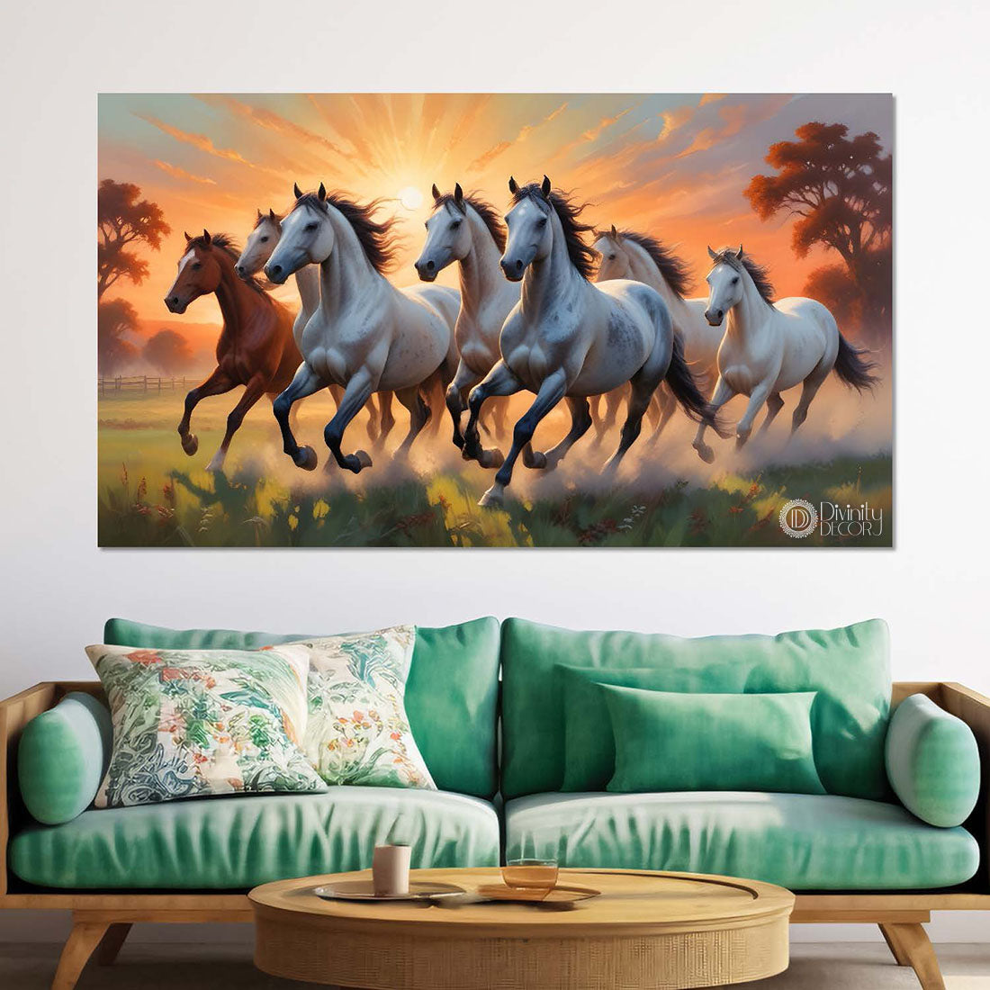 white and brown running horses on the grass with orange trees and sunrise textured background art Canvas Painting - Design - Horse-67