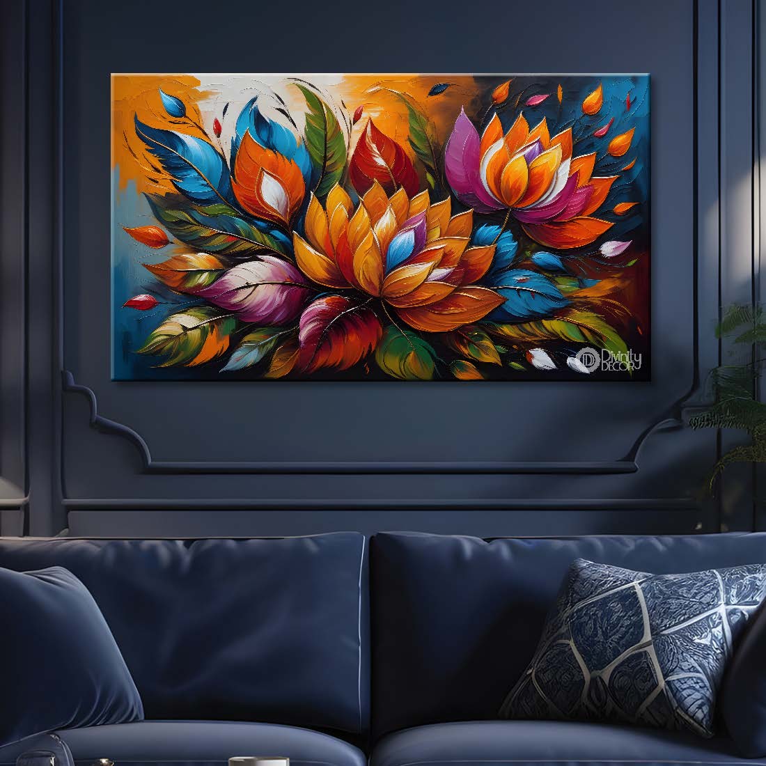 Colorful flowers with blue textured background painting- Design - Flower-67