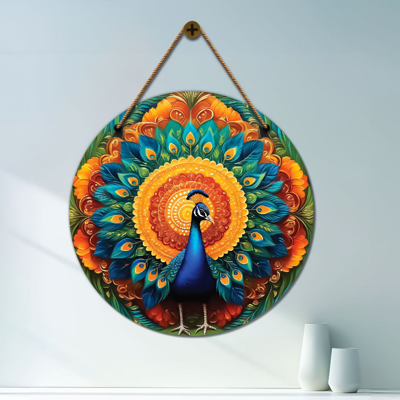 Peacock in green and orange mandala Round Wooden Wall Hanging for wall Décor - Design - 67