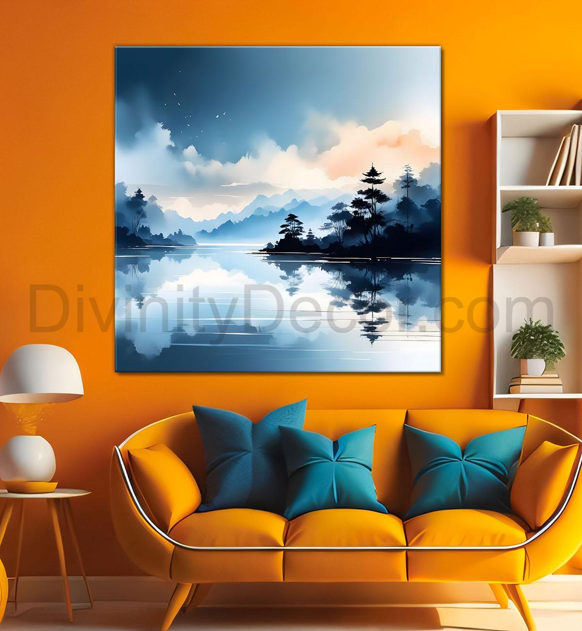 Mountains and trees with river water colour painting 24X24- Nature Art -S-67