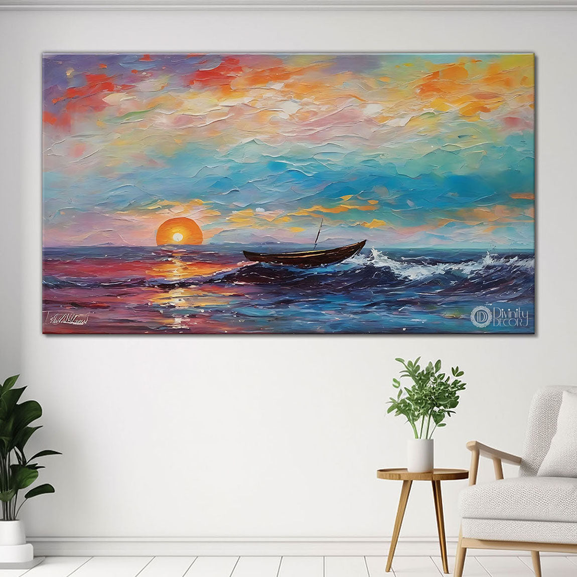 Boat on a river with sunset in textured natural art Canvas Painting - Nature Art -67