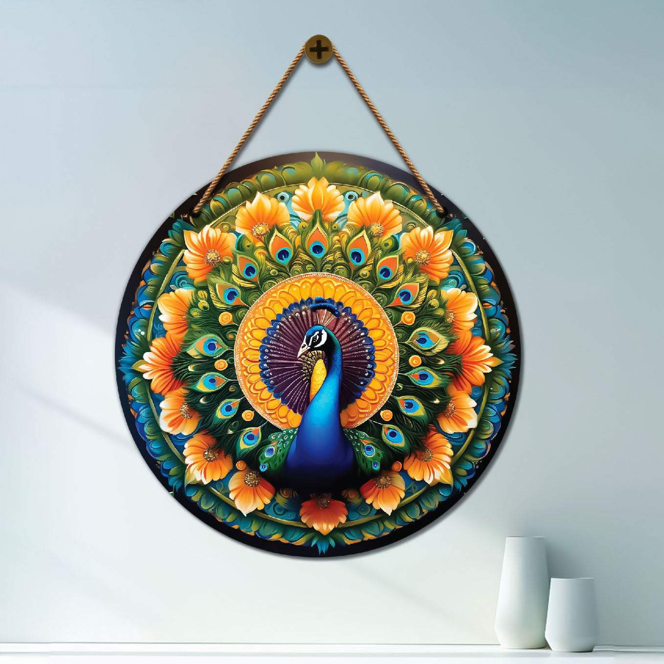 Peacock in yellow and green mandala Round Wooden Wall Hanging for wall Décor - Design - 68