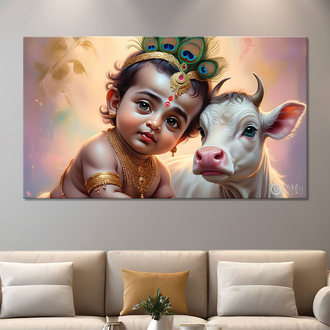 Little Krishna with baby cow painting Canvas Painting - Design - Krishna-68