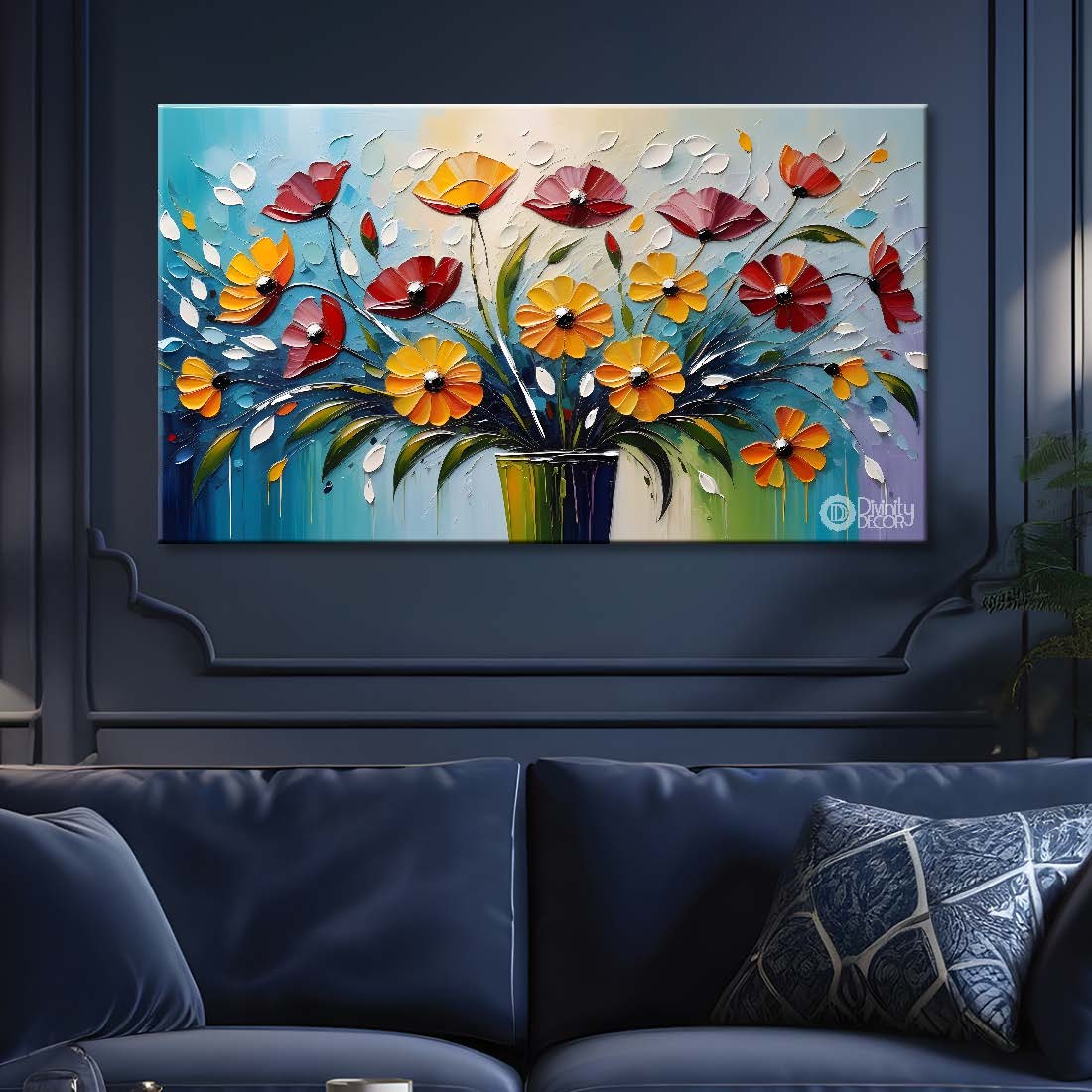 Colorful flowers with blue textured background painting- Design - Flower-68