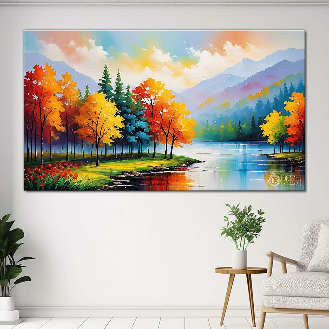 Colorful trees and lake with mountains in textured natural art Canvas Painting - Nature Art -68
