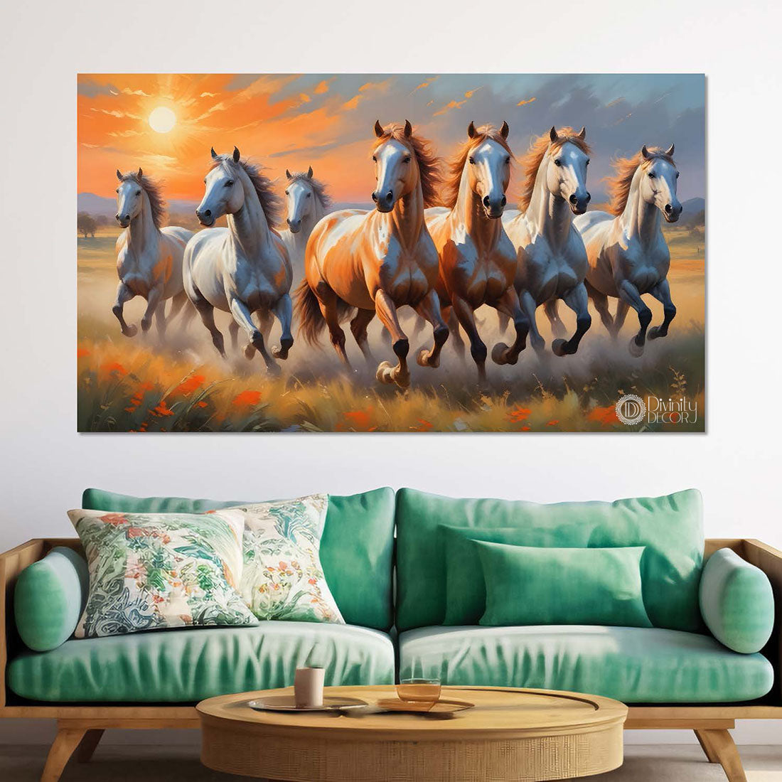 White and brown running horses on the grass with sunrise textured background art Canvas Painting - Design - Horse-68