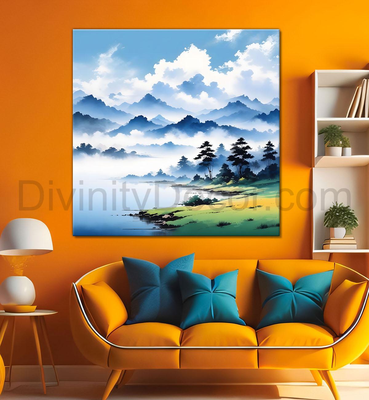 Mountains with clouds and river painting 24X24- Nature Art -S-68