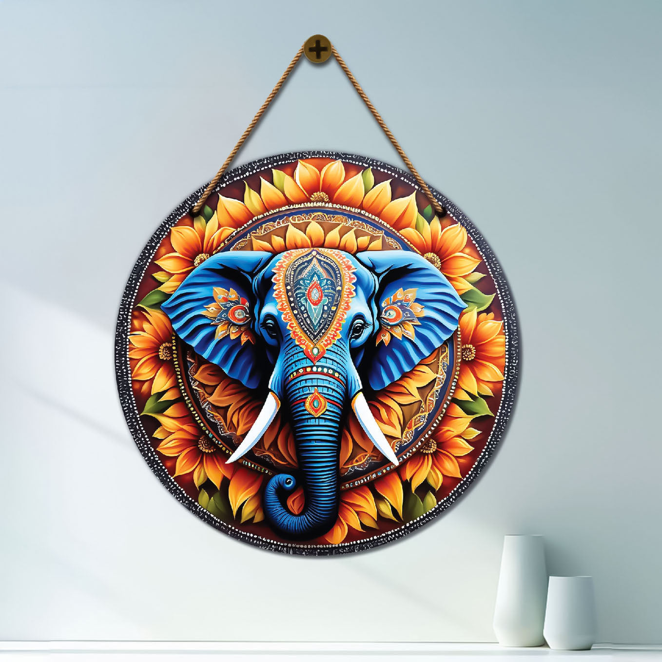 Elephant in floral mandala Round Wooden Wall Hanging for wall Décor - Design - 69