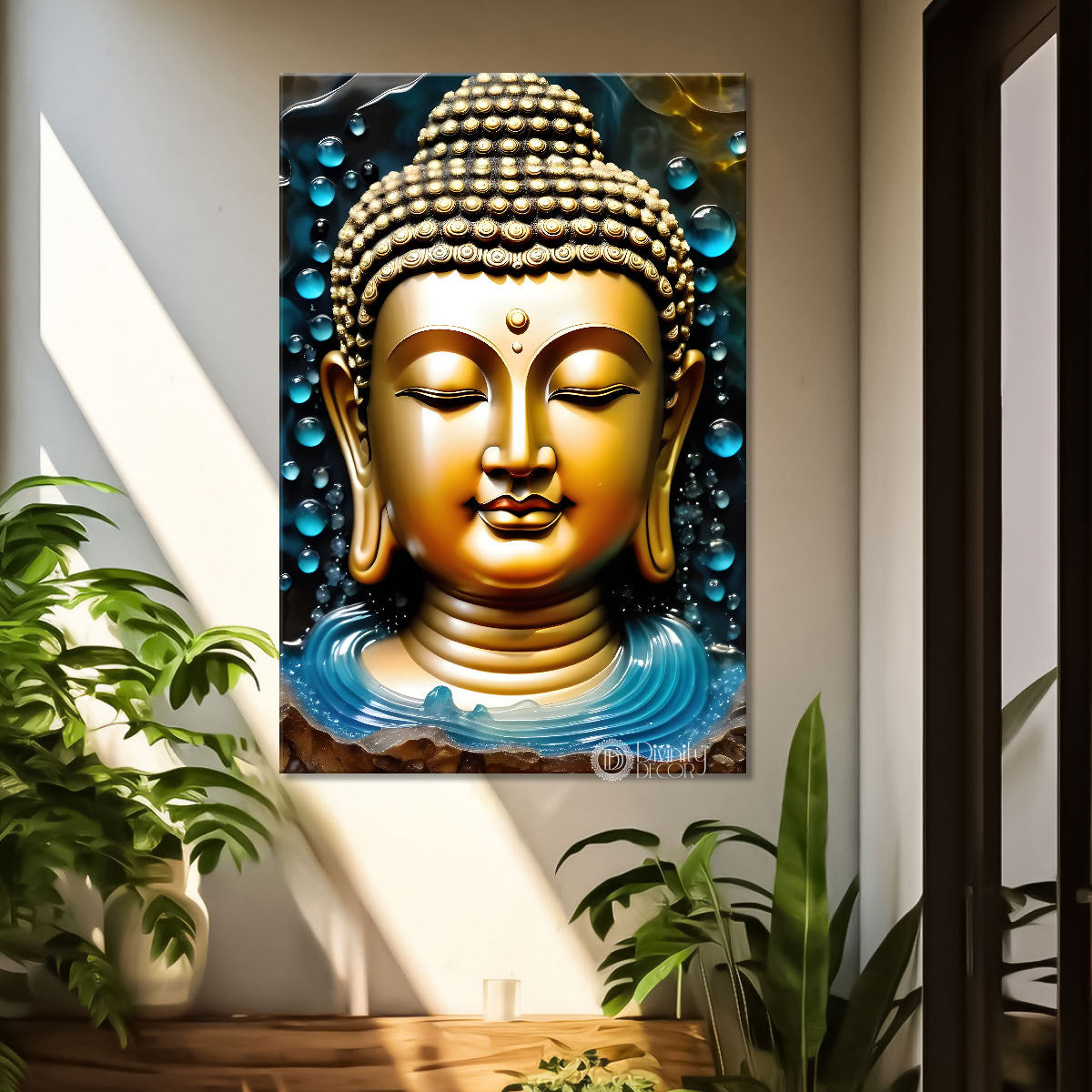 Golden buddha face with blue background painting - Buddha-V-69
