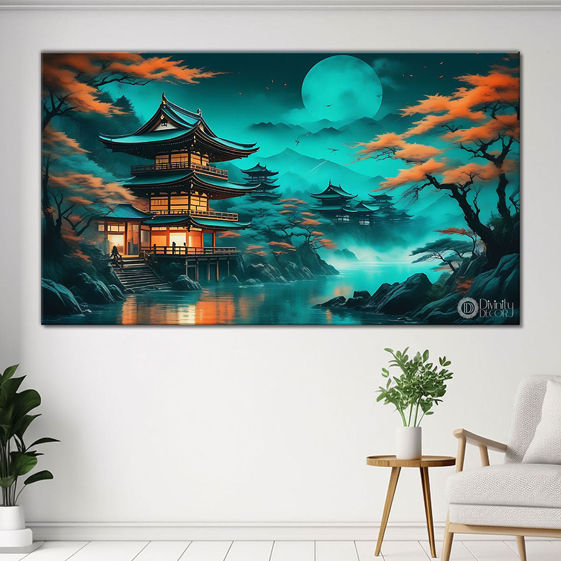 Mountains with orange trees in aqua green background in textured natural art Canvas Painting - Nature Art -69