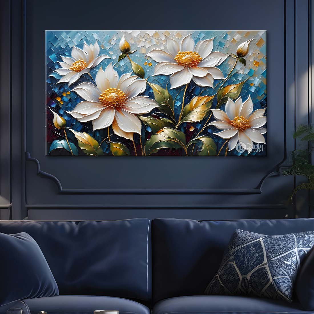 White flowers with blue textured background painting- Design - Flower-69