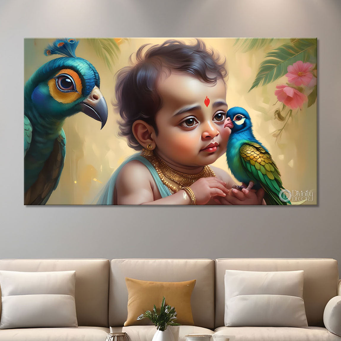 Little Krishna with peacocks painting Canvas Painting - Design - Krishna-69