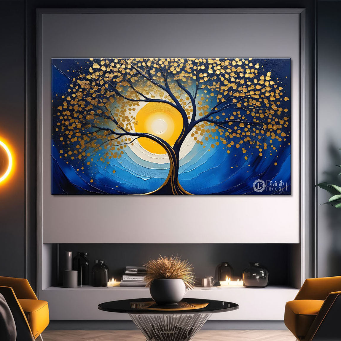 Golden tree in dark blue textured background modern art Canvas Painting - Design - Tree-69