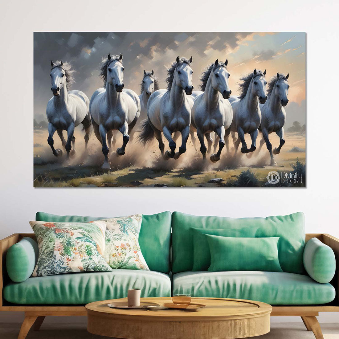 White running horses with cloudy and grey textured background art Canvas Painting - Design - Horse-69